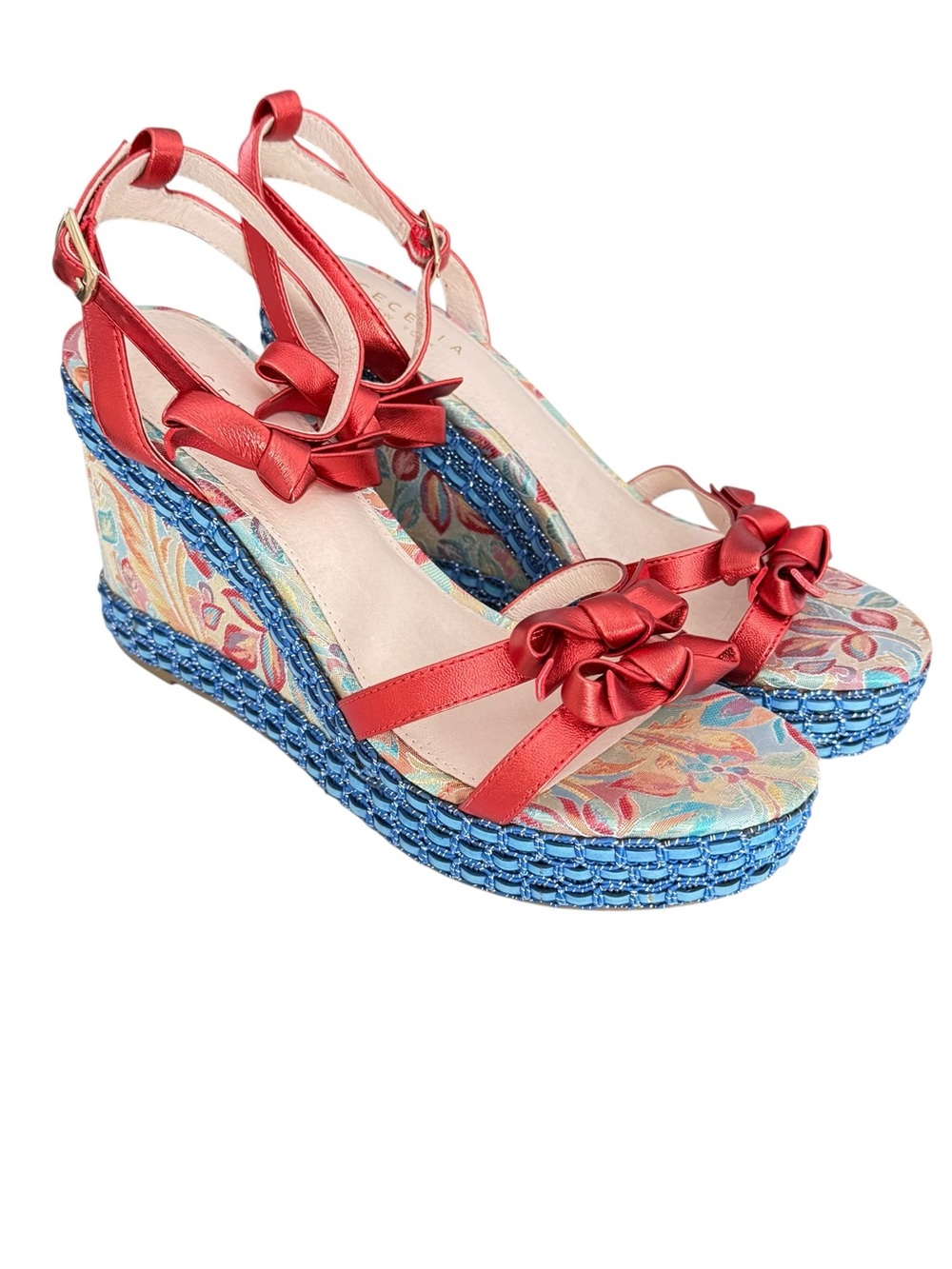CECELIA NEW YORK Whinney Platform Wedge Sandal Bow Strap Red Metallic Blue Trim